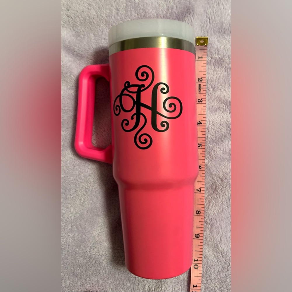 Pink “H” Monogrammed Travel Tumbler with Handle & 2 Straws - Picture 7 of 7
